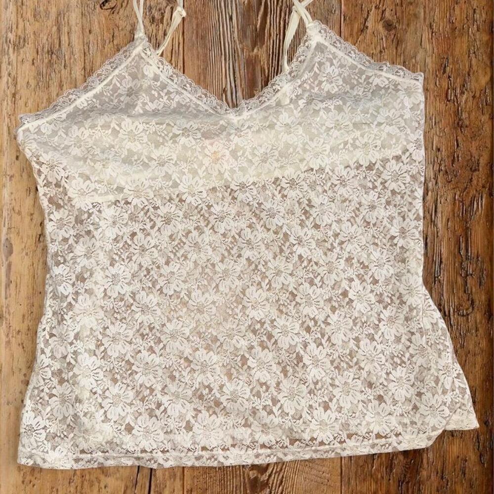 White Floral Lace Cami Tank Top Women's XL Y2K Sheer Adjustable Straps